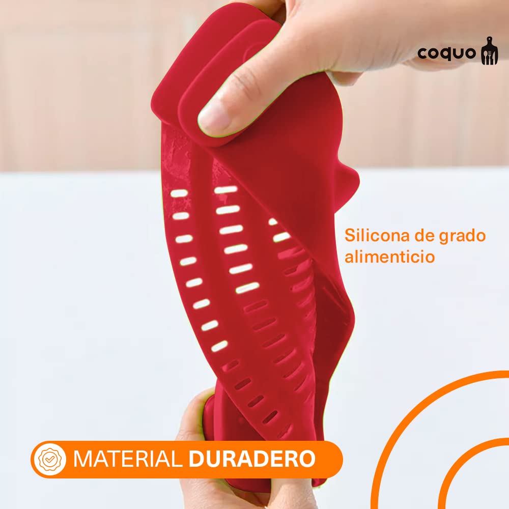 COQUO - Colador para Cocina con Clip - Ideal para cualquier Olla, Sartén y Contenedor de Cocina - Fácil de lavar y utilizar - Clip On Silicone Kitchen Colander (Rojo)