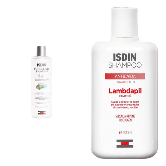 ISDIN Micellar Solution 4 en 1 Agua Micelar: Limpia, Desmaquilla, Hidrata y Tonifica, 400ml + Lambdapil, Champú Anticaída, Ayuda a Reducir la Caída del Cabello y Estimula el Crecimiento Capilar, 200ml