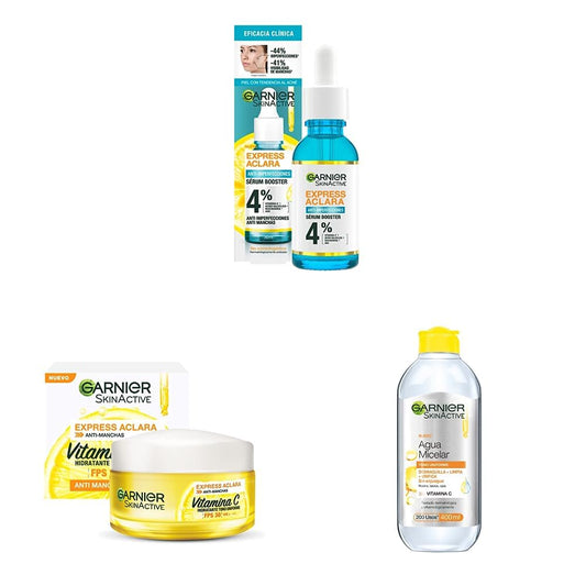 Garnier Express Aclara Serum Anti Acne 30 ml + ls Face Express aclara crema hidratante tono uniforme con fps 30 + ls Face Express aclara tono uniforme Agua Micelar