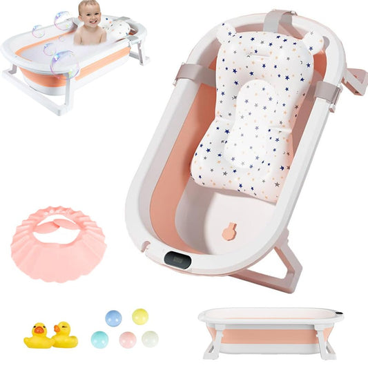 Bañera Tina de Baño Plegable para Bebés - Tina Para Baño Bebé Portátil, con Cojín Antideslizante y Visualización de la Temperatura, con Orificio de Drenaje, Apto para Niños de 0 a 6 Años (Rosa)