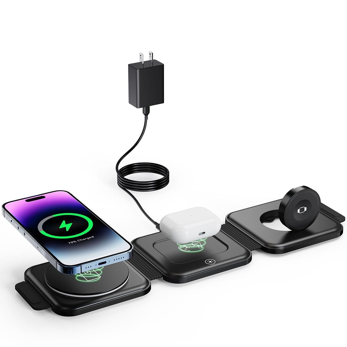 Blackultra Cargador Inalámbrico 3 en 1 15W Cargador Induccion Magnética Cargado Inalámbrico Compatible con iPhone 16 Pro MAX Plus 15 14 13 12 para Apple Watch,AirPods