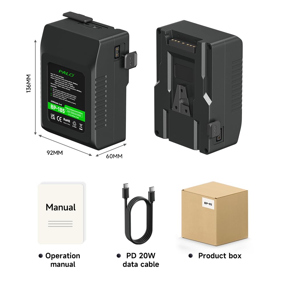 Batería V-Mount/V-Lock de 12500mAh 185Wh Paquete de 2, Batería Recargable Li-Ion con PD USB-C Cargador Rápido para Sony HDCAM, XDCAM, Broadcast Video cámara videocámara Monitor
