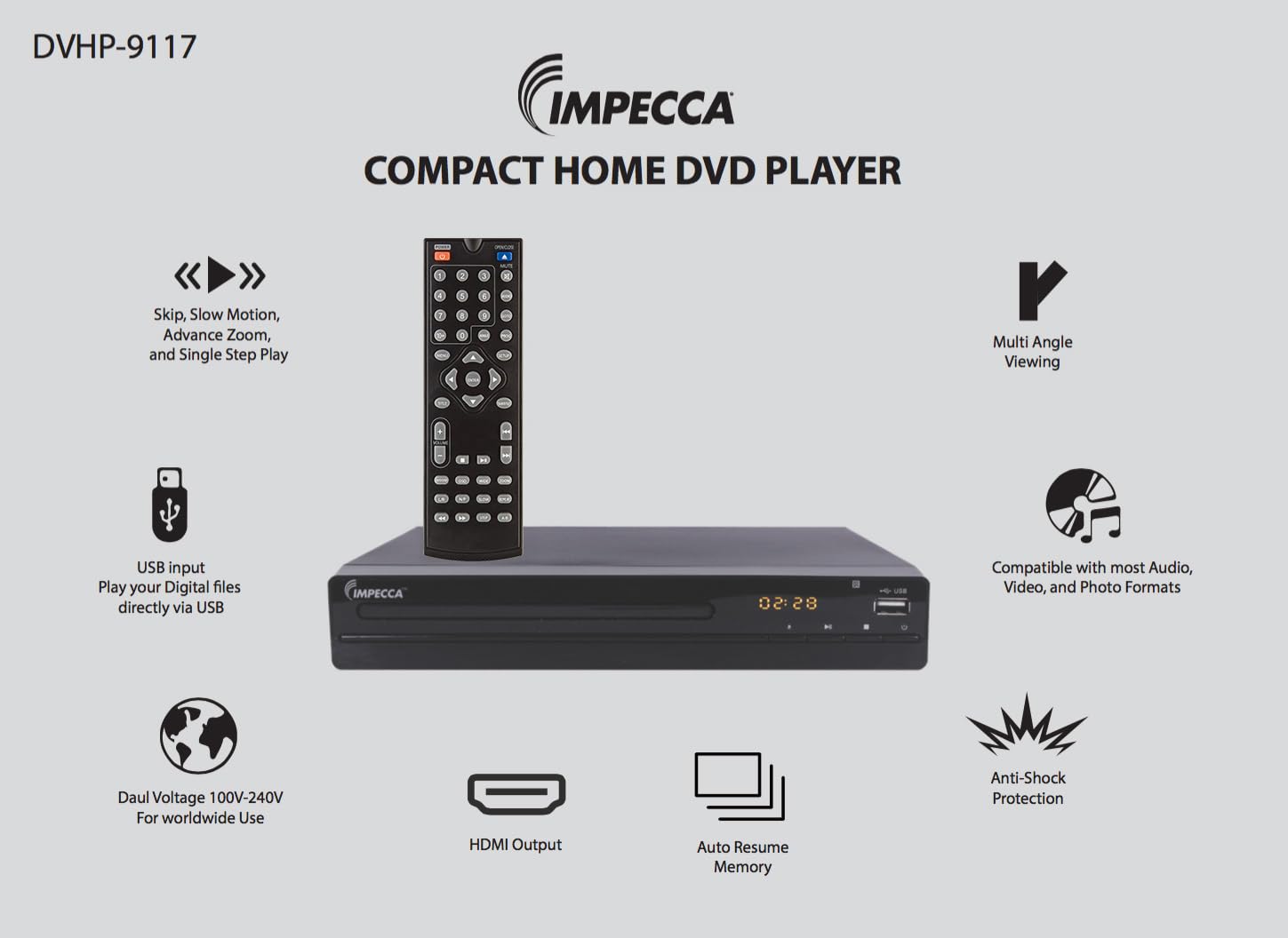 Impecca DVHP9117 Progressive Scan Compact HDMI DVD Player, Upconvert DVDs to 1080p, With LED Display, View Content Via USB Input,
