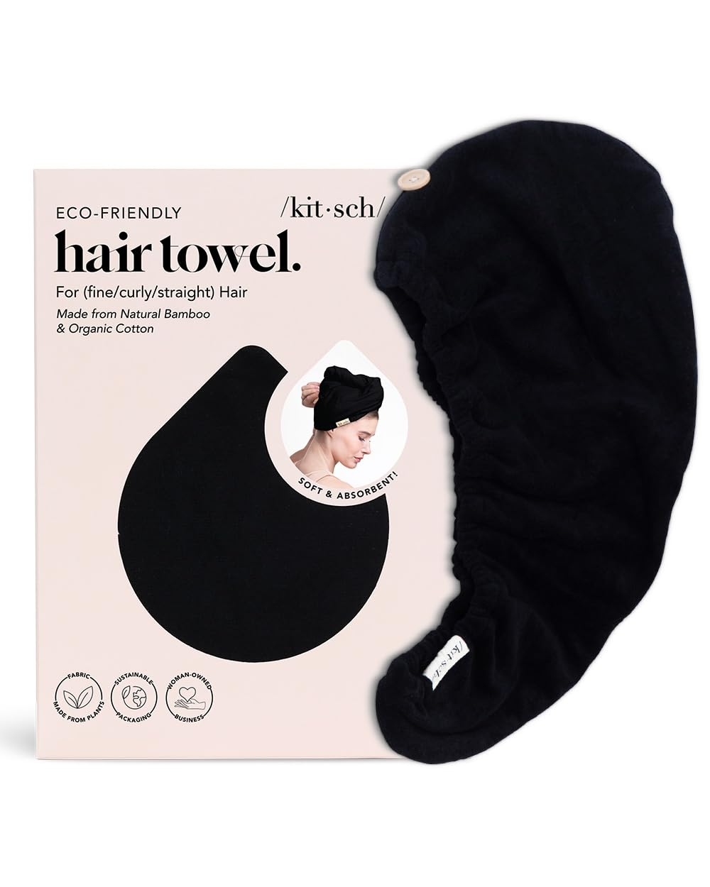 Kitsch Toalla de microfibra para el pelo para mujer, turbante de pelo para secar el cabello mojado, toallas de pelo f ciles de girar, toalla de microfibra s per absorbente y ultrasuave, toalla de pelo despu s del spa (negro)