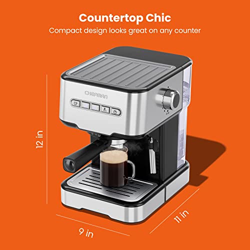Chefman - Máquina de café espresso , control digital, preparación individual o doble, piezas aptas para lavavajillas, acero inoxidable