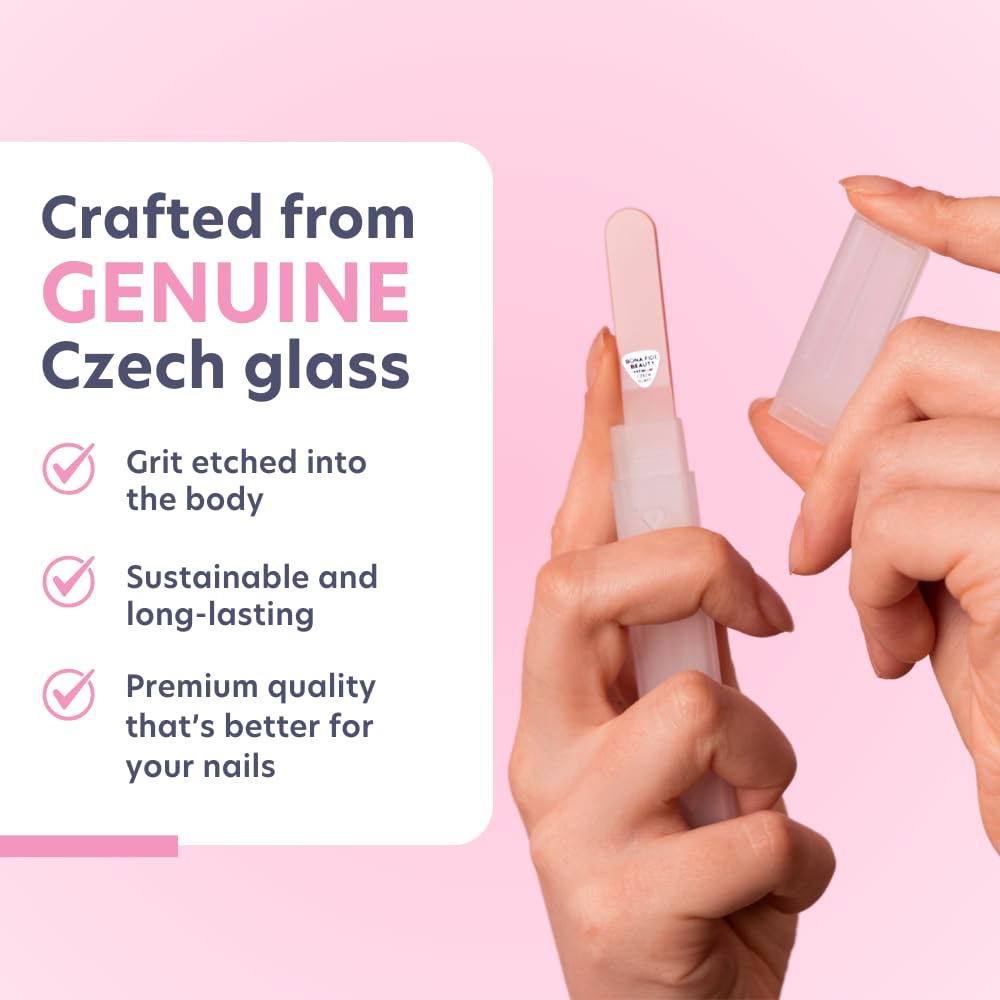 BONA FIDE BEAUTY Lima de Uñas de Cristal Checo para Uñas Naturales (Frambuesa) - Grano Fino (180/240) Lima de Uñas de Cristal Grabada con Estuche Transparente. Regalo Ideal para Mujeres.