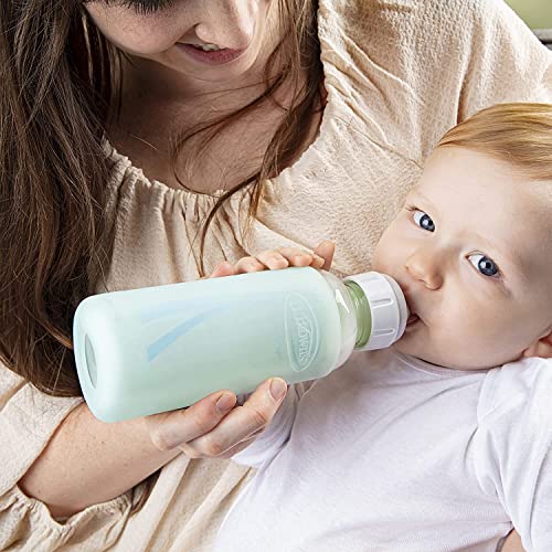 Dr. Brown's Natural Flow Options+ biberón de vidrio estrecho, 8 onzas/250 ml, con funda de botella de silicona, paquete de 3, brillante/rosa/menta