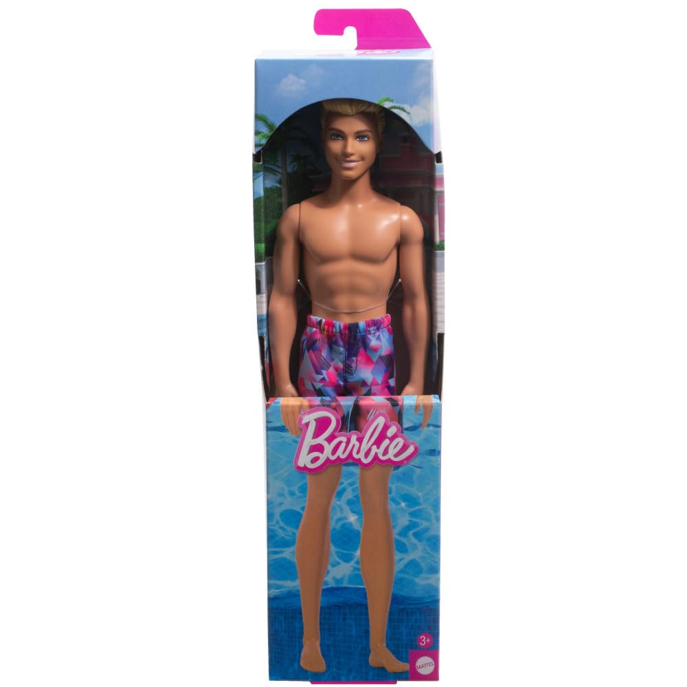 Barbie Fashion & Beauty Muñeco Ken de Playa con Traje de Baño Rosa y Azul para niñas de 3 años en adelante