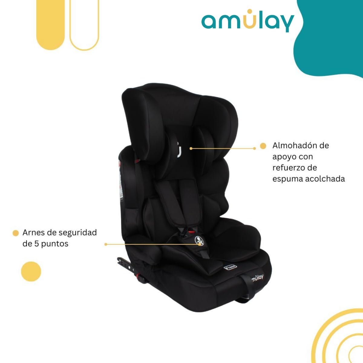 Amulay Autoasiento Booster ISOFIX Grupo 1-2-3, Convertible, Negro