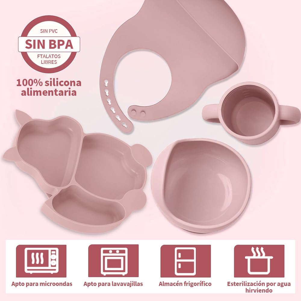 FINYQBET Platos Para Bebés De Silicona Con Tazón Cuchara Tenedor Babe,Set de 8 Piezas para Bebés,Plato para Bebe con Ventosas, Ajustable,Rosa