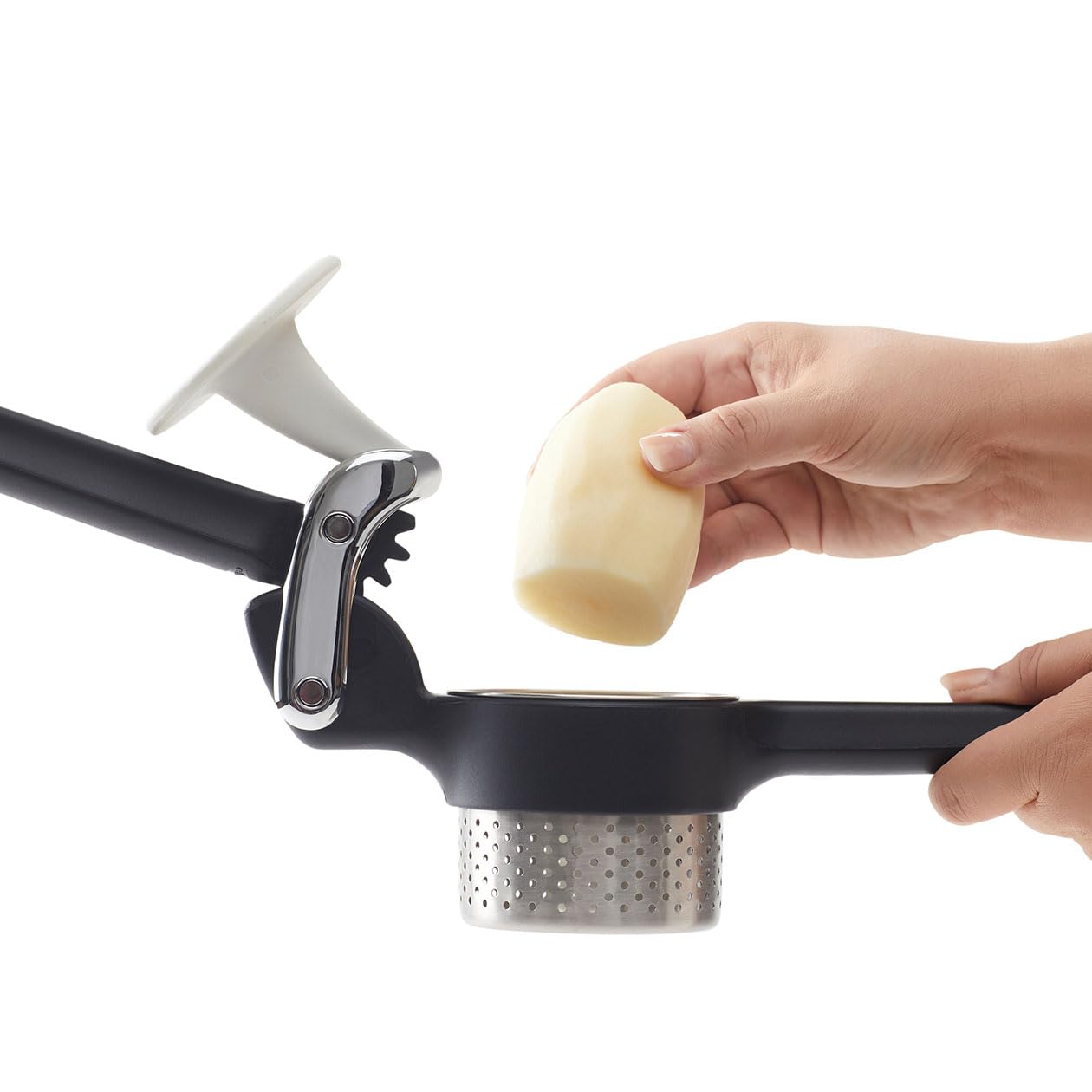 Chef'n Potato Ricer y Vegetal Ricer, Herramienta de cocina resistente para prensa y puré, color negro