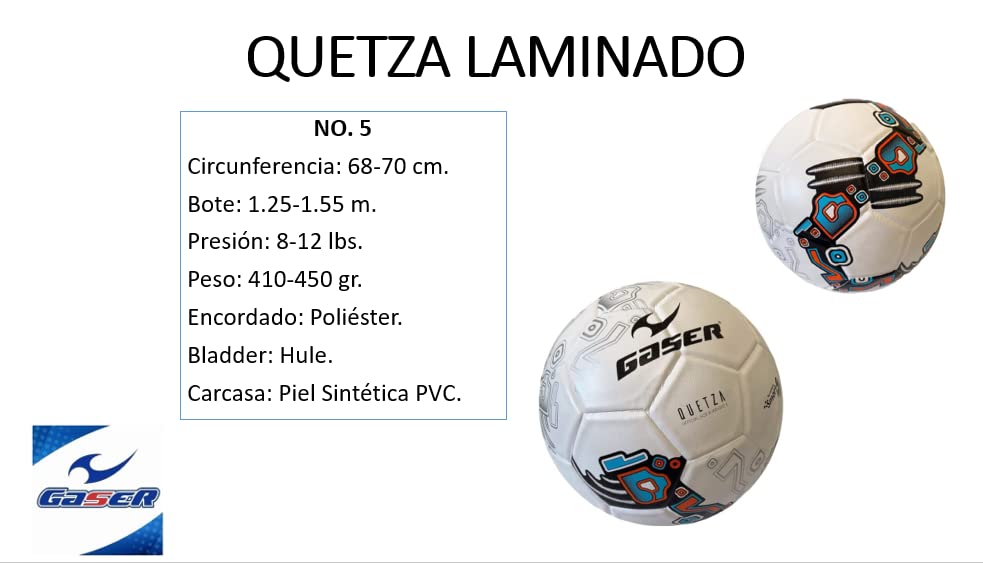 Gaser Balon de Futbol Soccer Laminado Medidas Oficial No.5 Quetza (Blanco)