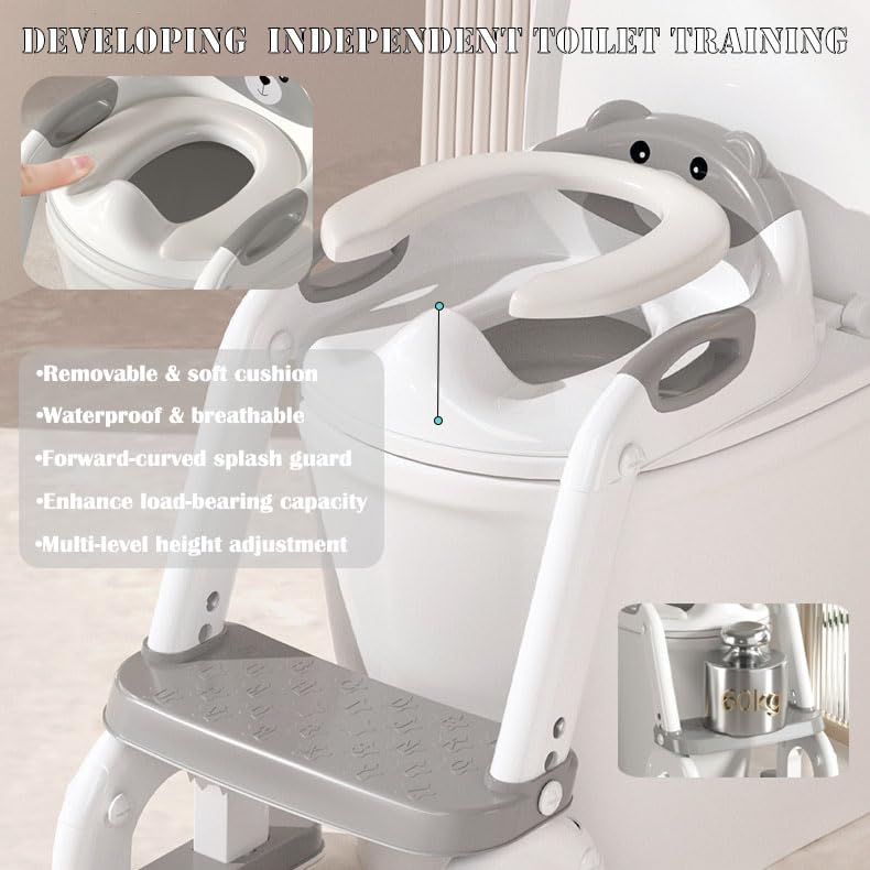 Asiento para orinal 2 en 1 para niños pequeños, con taburete plegable y escalera ajustable para niños y niñas, con protector contra salpicaduras (gris)