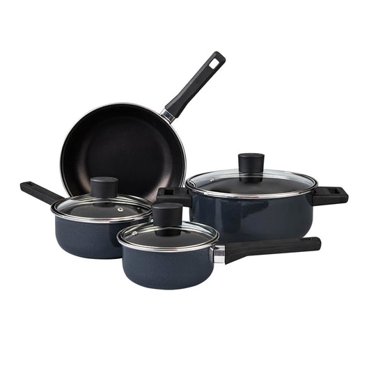 Cinsa Batería de Cocina San Miguel 7 piezas, peltre pesado con antiadherente, tapas de vidrio templado, estufa de inducción, Azul Marino (San Miguel)