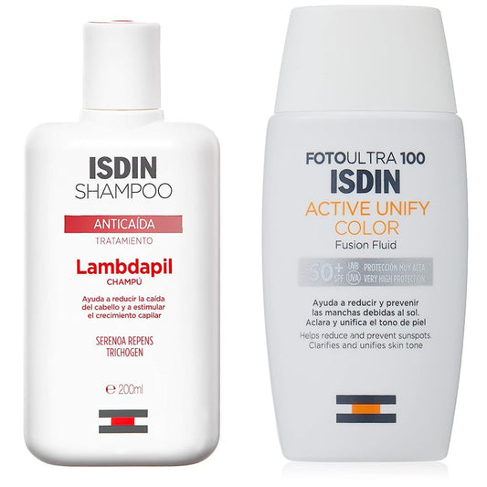 ISDIN Lambdapil, Champú Anticaída, Ayuda a Reducir la Caída del Cabello y Estimula el Crecimiento Capilar, 200ml + FotoUltra 100 Active Unify SPF 50+, Protector Solar Facial con color, 50 ml