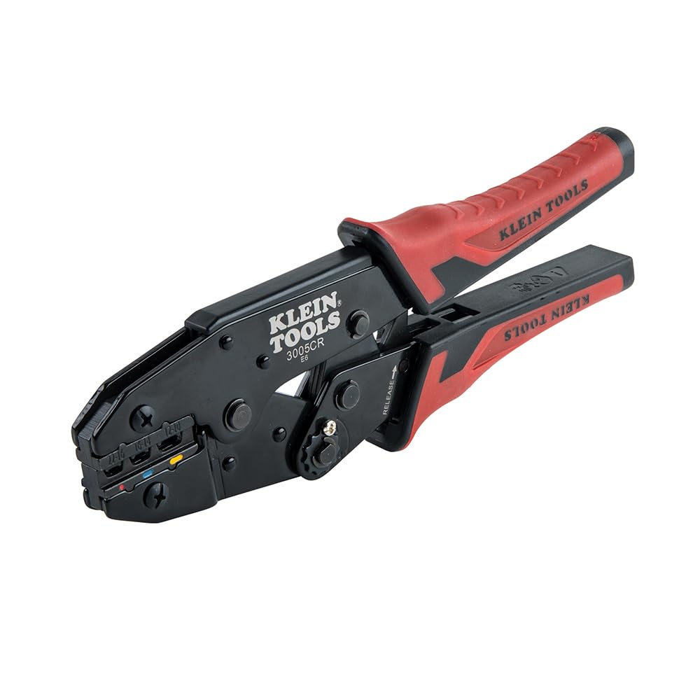 KLEIN TOOLS 3005CR | Pinza Ponchadora con Aislamiento | Ponchado Preciso y Seguro | Diseño Ergonómico y Ajustable | Ponchadora | Terminales eléctricas | 10-22 AWG | Tres Cavidades y Matraca Integrada