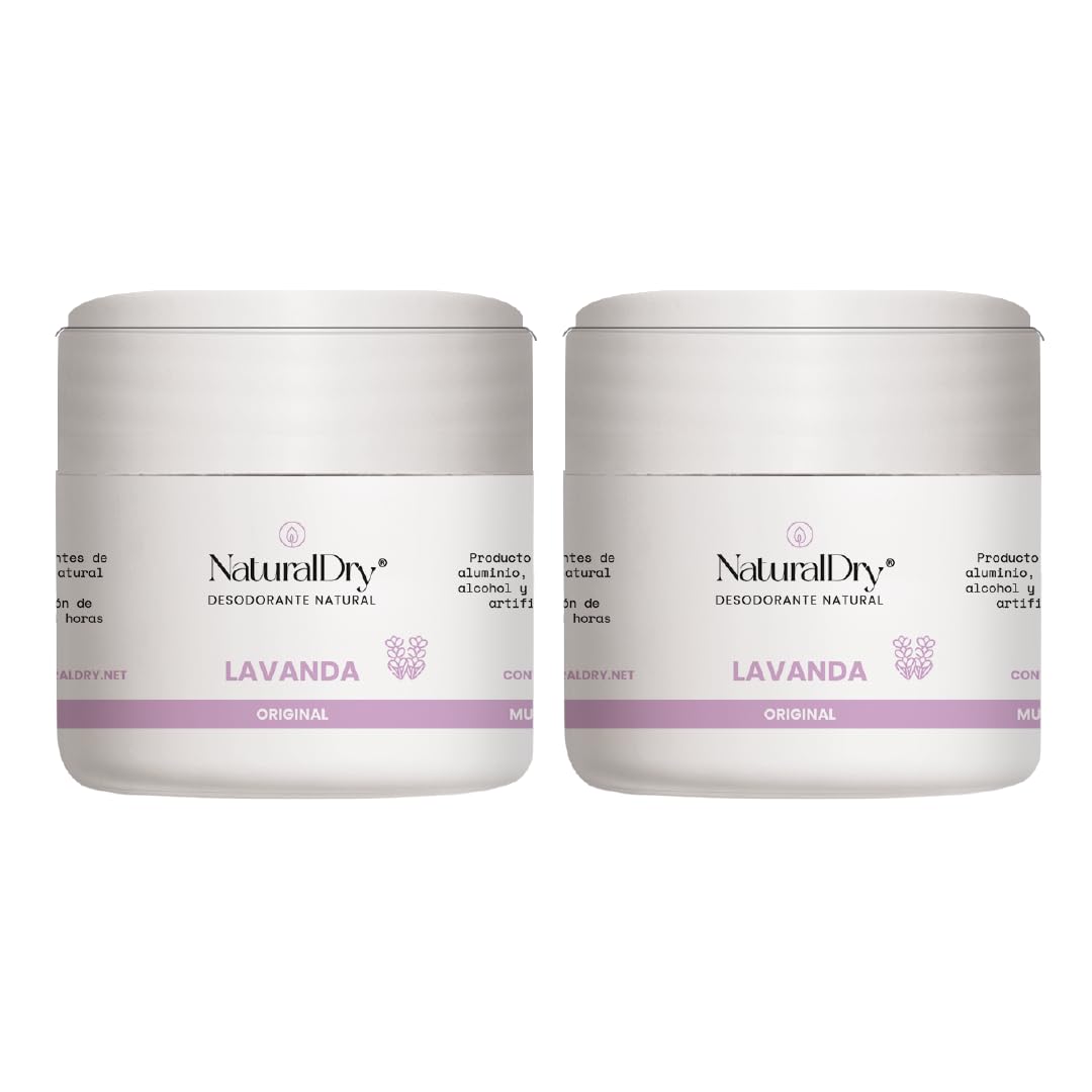 NaturalDry - Desodorante Mujer sin aluminio - Sin Parabenos - No obstruye los poros - Hidrata tu piel - Elimina el mal olor -permite la transpiración - Olor agradable a Lavanda - En tarro (2 unidades)