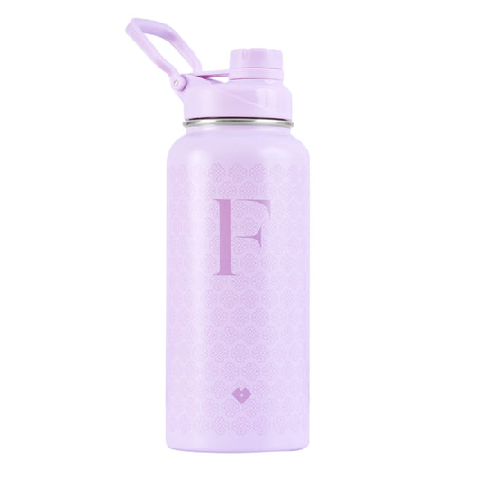 LuckyLy Termo de Acero Inoxidable con Iniciales 1 Litro, Doble Aislamiento Térmico y Tapa Hermética Antigoteo, Botella de Agua Motivacional ideal como Regalos para Mujer y Mamá – Modelo Terry, Letra F