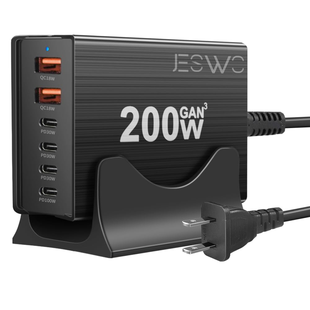 JESWO 200W Cargador USB C GAN, Cargador Tipo C Carga Rapida con 6 Puertos, Puerto de Carga USB c de 100 W y Tres Puertos de Salida PD30 W, compatibles con portátiles, tabletas y Otros Dispositivos