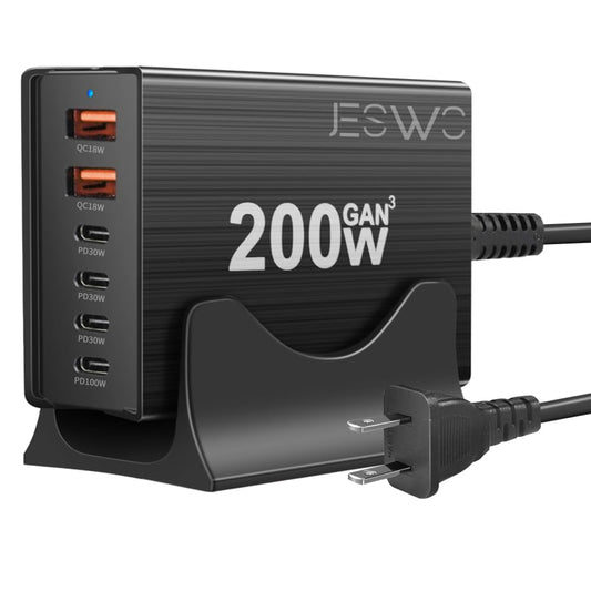 JESWO 200W Cargador USB C GAN, Cargador Tipo C Carga Rapida con 6 Puertos, Puerto de Carga USB c de 100 W y Tres Puertos de Salida PD30 W, compatibles con portátiles, tabletas y Otros Dispositivos