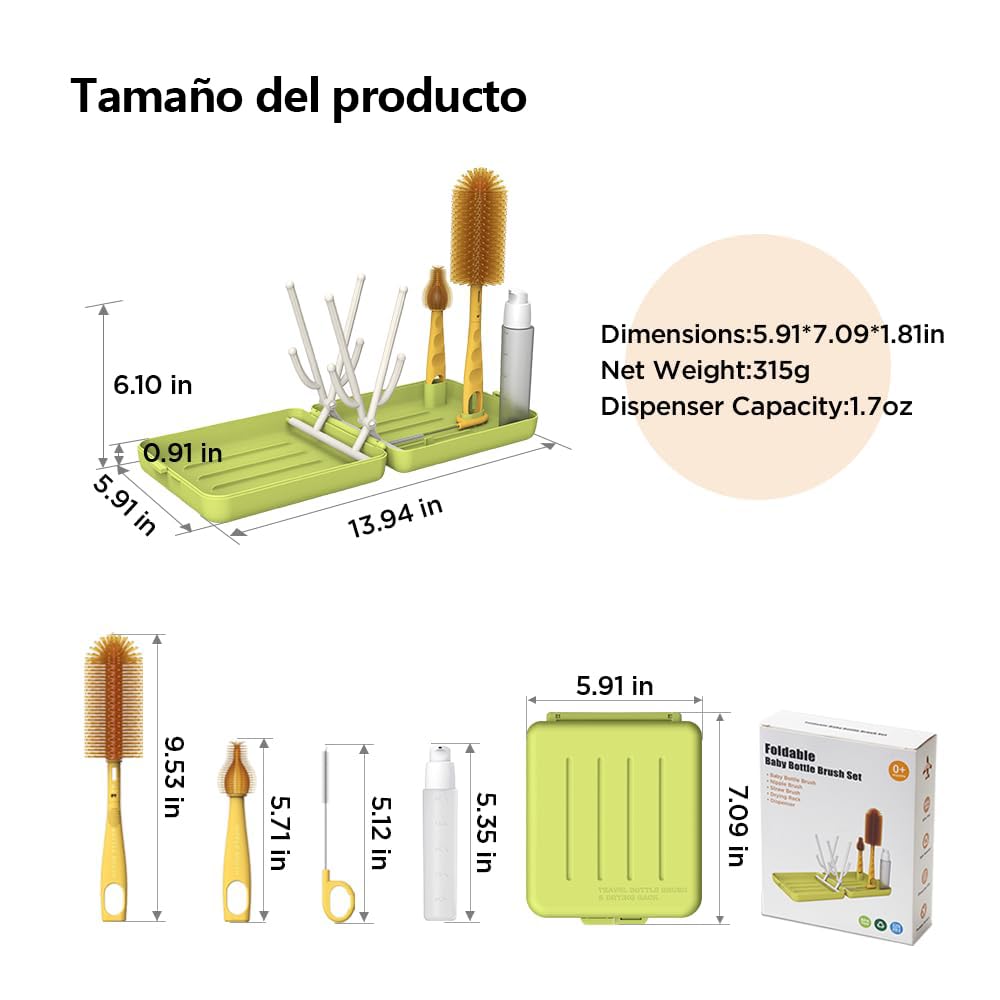 YOU ER MEI Estante de Secado de Biberones de Viaje con Juego de Brochas para Mamilas y Chupones