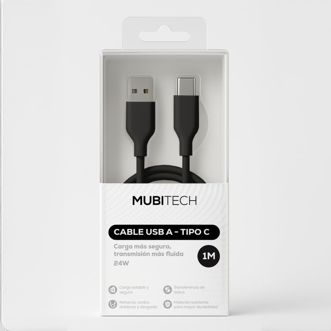 Cable USB Tipo A a C MUBITECH Negro Carga Rápida Compatible con Dispositivos Tipo C
