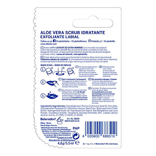 LABELLO Bálsamo Labial Exfoliante Scrub con Aloe Vera (4.8 g) con Vitamina E y microperlas exfoliantes libre de aceites minerales