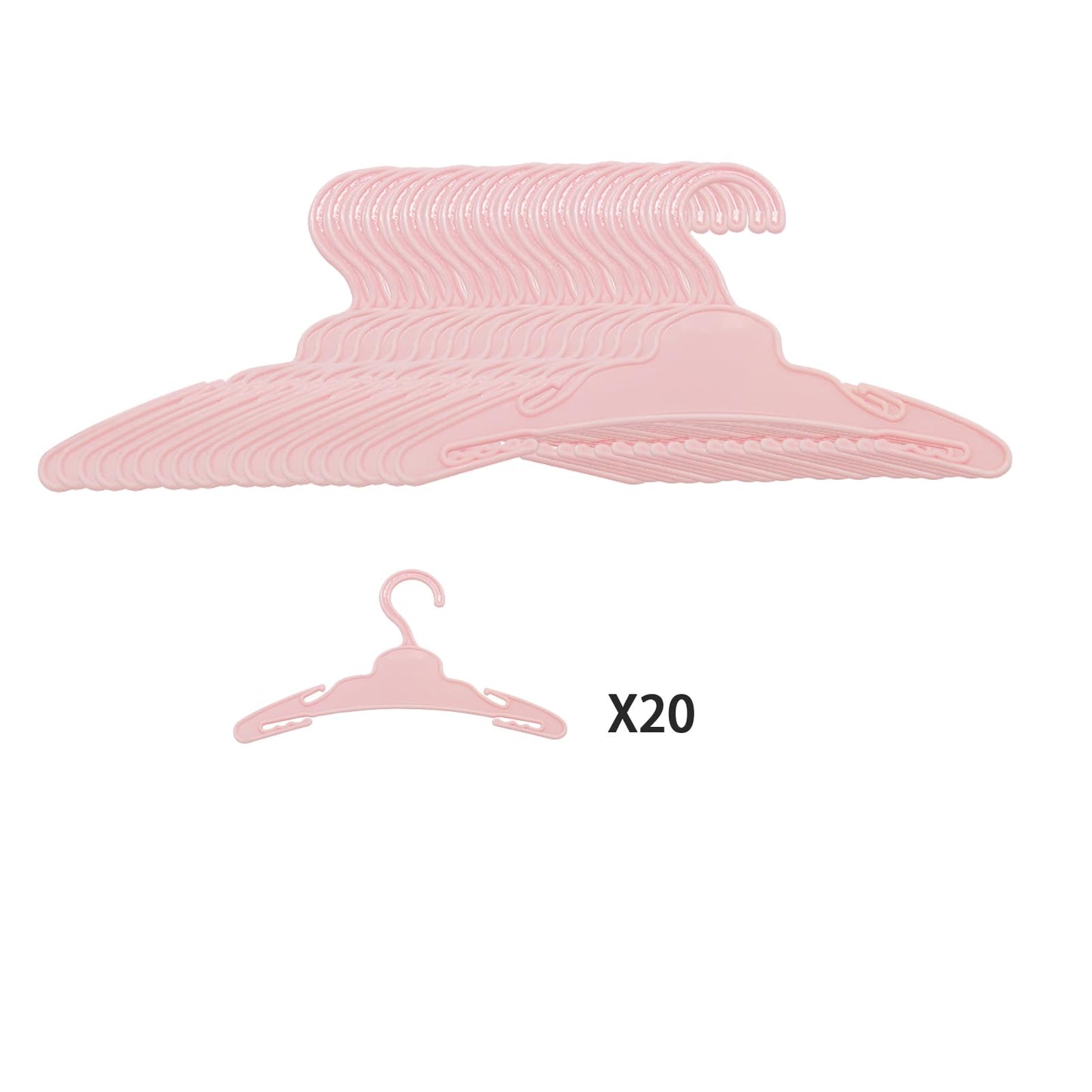 MSYO 20 piezas de perchas para ropa de muñeca de 18 pulgadas, perchas rosas, accesorios resistentes para juguetes, funcionan muy bien con varillas de menos de 1/2 pulgada de diámetro, hechas de
