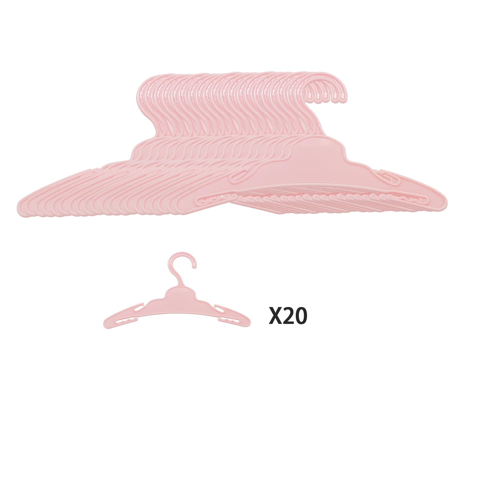MSYO 20 piezas de perchas para ropa de muñeca de 18 pulgadas, perchas rosas, accesorios resistentes para juguetes, funcionan muy bien con varillas de menos de 1/2 pulgada de diámetro, hechas de