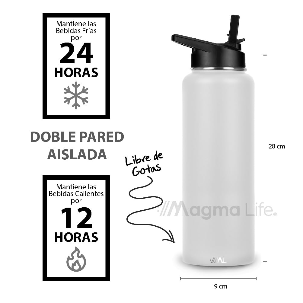Magma Life Termo para Café y Agua de Acero Inoxidable 40 Oz (1200 ml): Contiene 3 Tapas para Diferentes tipos de Bebidas, Ideal para Mantener la Temperatura Deseada (White)