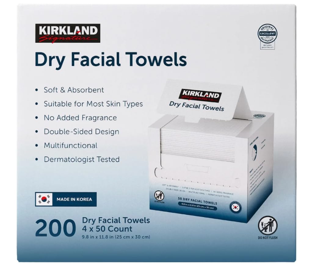 Kirkland Toallas Faciales Secas Diarias Kirkland Signature, 200 Unidades: Desechables Extrasuaves para Limpieza, Desmaquillaje y Cuidado de la Piel. Suaves, Higiénicas y sin Pelusa.