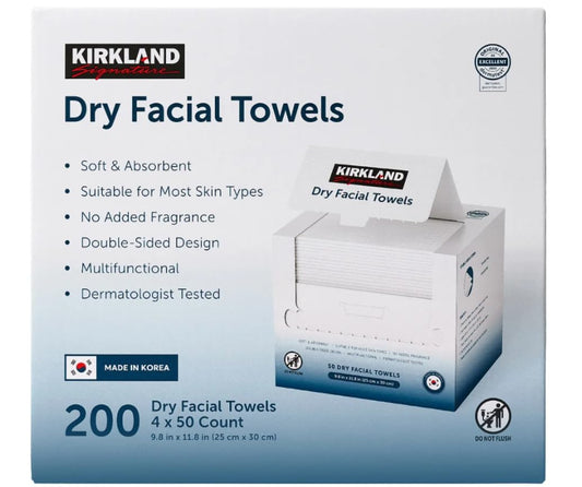 Kirkland Toallas Faciales Secas Diarias Kirkland Signature, 200 Unidades: Desechables Extrasuaves para Limpieza, Desmaquillaje y Cuidado de la Piel. Suaves, Higiénicas y sin Pelusa.
