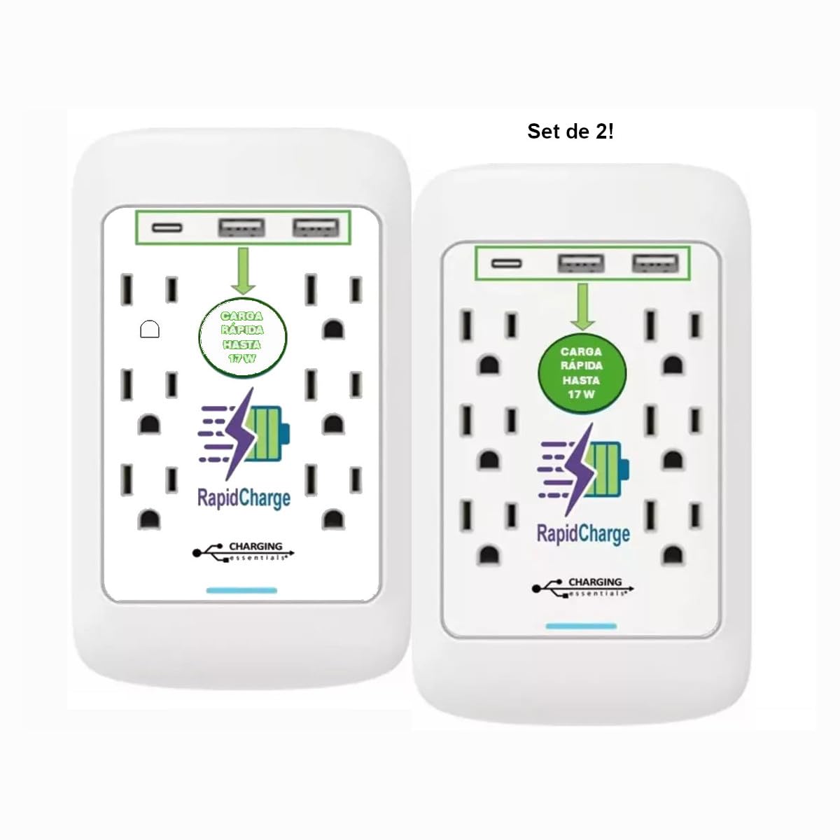 Charging Essentials: Cargador de pared con 3 puertos USB (1 USB-C y 2 USB-A), 5V/3.4A, protección contra sobretensiones, paquete de 2