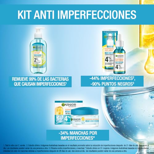 Kit Garnier Express Anti Imperfecciones para piel grasa con Ácido Salicílico + Vitamina C: Gel Limpiador Facial + Serum anti acne + Crema Facial Hidratante Matificante en Gel