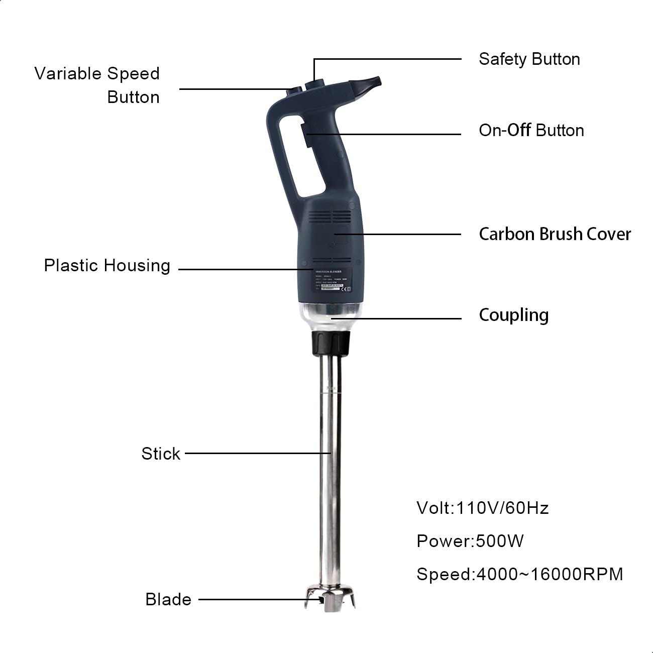 Li Bai - Batidora de inmersión de gran resistencia de 20 pulgadas, batidora de mano para cocina, mezclador comercial eléctrico, eje extraíble de 500 W, 2500 rpm a 15000 rpm, licuadora emulsionante de