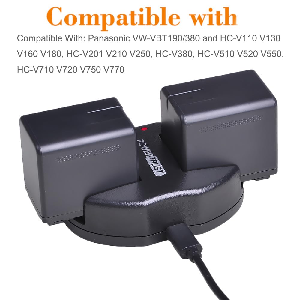 Batería y Cargador USB Dual PowerTrust VW-VBT380 para Panasonic
