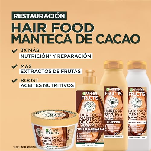 Kit Garnier Fructis Hair Food Cacao Rutina Completa Restauracion Rizos: Shampoo, Acondicionador, Crema para Peinar y Mascarilla, 4 unidades