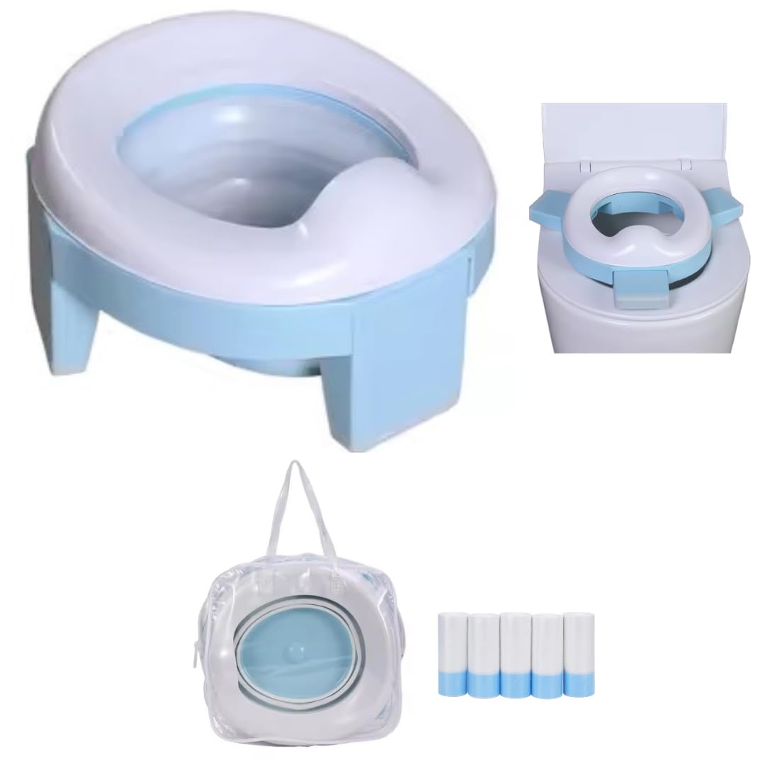 Baño Entrenador Niño 2 en 1 (Bacinica Portátil y Asiento de Inodoro). Para Potty Training. Plegable, Fácil y Seguro, Ideal para Casa, Viajes, Camping. Incluye: Maletita, 5 Rollos de Bolsas (Azul)