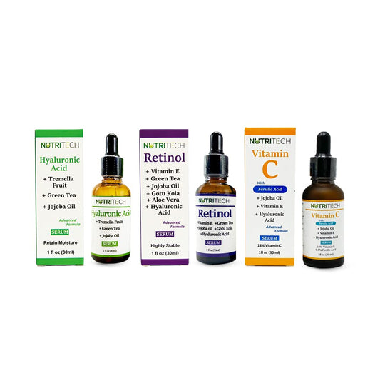 Kit de sueros faciales anti envejecimiento, 1 suero de Vitamina C, 1 suero de Acido Hialurónico y 1 suero de Retinol (Acido Ferulico)