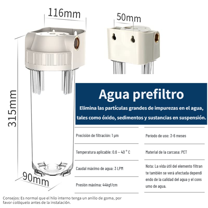 Purificador de Agua Prefiltro con Filtro de Sedimentos 10 Pulgadas Repuestos para Hogar Grifo Pozo