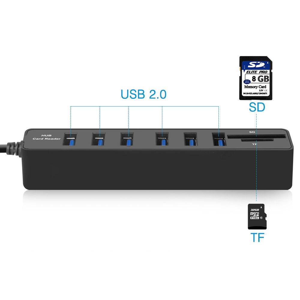 CARYWON Hub USB, Adaptador Extensión USB con 6 Puertos USB 2.0, Lector de Tarjetas SD/TF, 8 en 1 Puerto Portátil USB 2.0 para Macbook Air, iMac, Windows Surface, Ultrabook y Otro Laptop o PC, Negro
