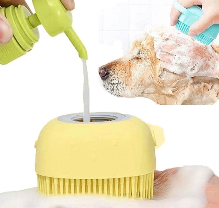 Cepillo de baño para perros y gatos, cepillo de champú de silicona suave, cepillo de masaje para mascotas, cepillo de ducha de aseo, cepillo de masaje para cachorros, dispensador de champú. (Yellow)