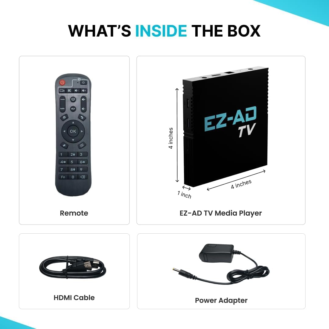EZ-AD TV Reproductor de Señalización Digital, Programa tu Contenido, Plan Gratuito, Aplicación Móvil, Maneja Múltiples Pantallas, Miles de Plantillas
