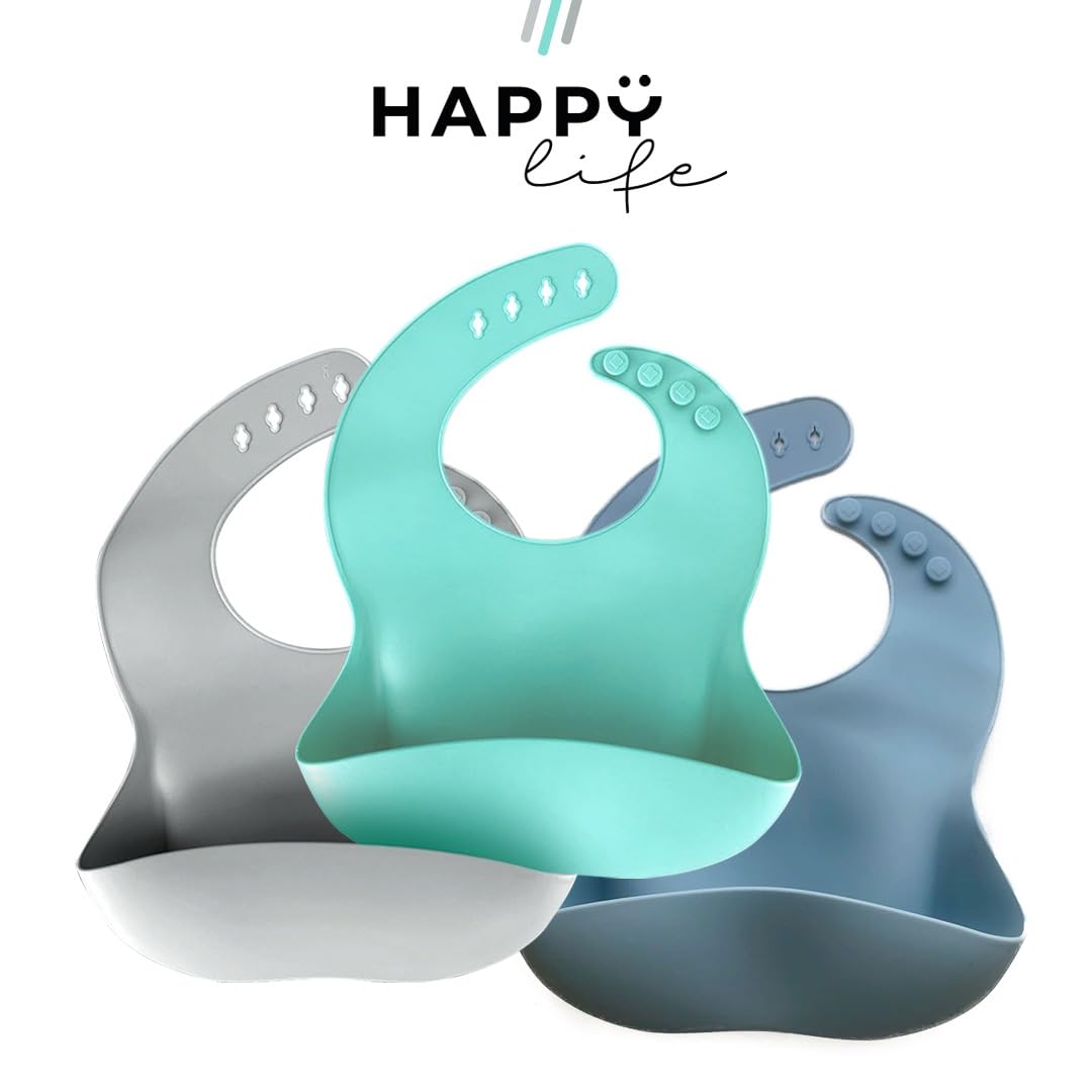 HAPPY LIFE baberos para bebe de silicona suave grado alimenticio, set 3 baberos impermeables, BPA FREE, para alimentacion complementaria de bebé (niño I azul)