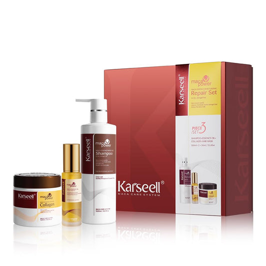 Hair Mask Karseell Juego de colágeno de película para el cabello 3PCS película para el cabello 16.9oz + champú 16.9oz + aceite esencial para el cuidado del cabello 1.69oz adecuado para todos los pelos dañados por la sequedad y el cabello rizado.
