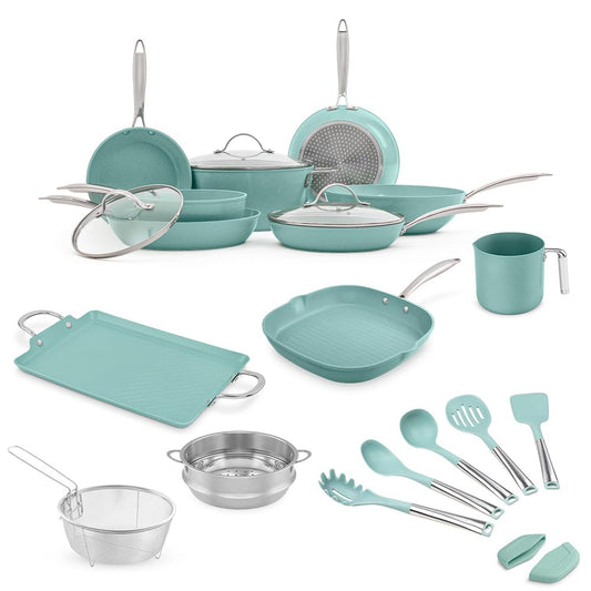 JADECOOK Bateria De Cocina Jade Chef Plus 6 Capas de Recubrimiento Antiadherente Utensilios Sartenes Cacerola 22 Piezas Juego de Bateria de Cocina Set de Ollas Sarten Comal