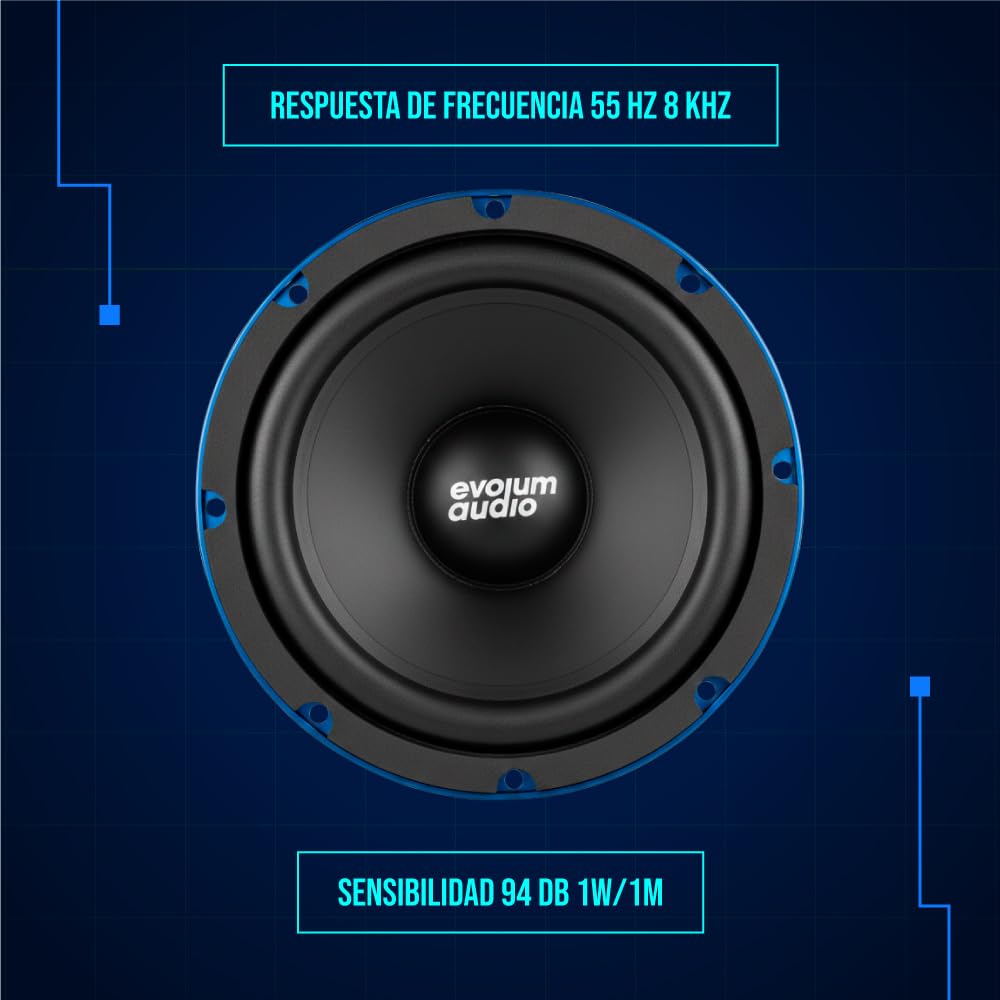 Evolum Audio - Kit Bocinas Medio Rango - Sonido Claro y Potente - Cono de Papel de Titanio - Potencia RMS de 200 W - Materiales de Calidad - Fácil Instalación - Modelo Open Show (8 in)