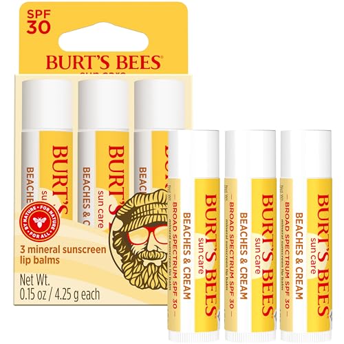 Burt's Bees Beaches and Cream Sun Care SPF 30 Lip Balm, Water-Resistant Lip Moisturizer, Nano-Free Zinc Oxide Formula, Natural Conditioning Lip Treatment, 3 Tubes, 0.15 oz
