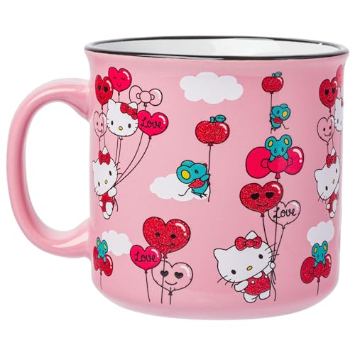Taza de Cerámica Silver Buffalo Sanrio Hello Kitty rojo y rosa patrón de purpurina 20 onzas