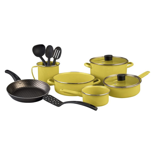 Cinsa Batería de cocina Praktica12 piezas, acero vitrificado con anillo inox, sartén aluminio con antiadherente, tapas planas de vidrio templado (Lima)